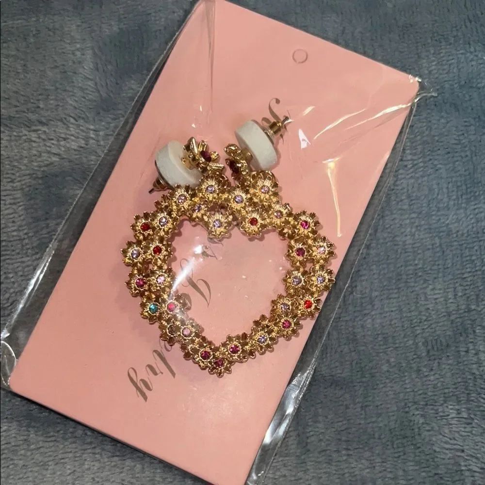 Gold and Pink Heart Earrings with Vintage Detailing